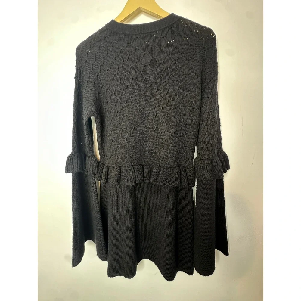 Mother of Pearl Sweater Womens Medium Black Ruffle Bell Sleeve Knit Wool Blend